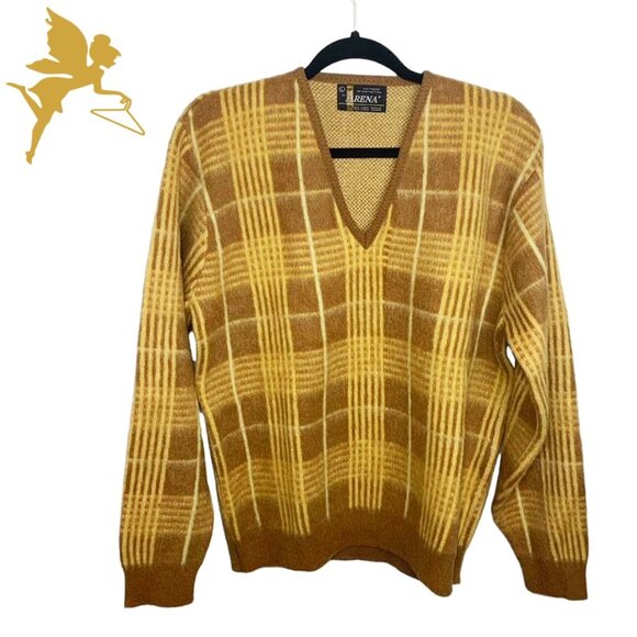 VINTAGE Arena 1960's Mohair Plaid Eclectic Grandpa V Neck Sweater - Picture 1 of 7